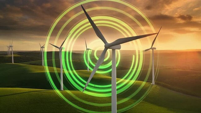 Wind turbines stand on green field. Rotating windmills generate eco friendly power in countr.