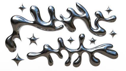 3D Chrome Liquid Abstract Shapes with Metallic Fluid Forms and Star Spark Elements Futuristic Modern Illustration on White Background