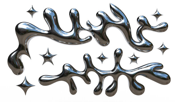 3D Chrome Liquid Abstract Shapes with Metallic Fluid Forms and Star Spark Elements Futuristic Modern Illustration on White Background