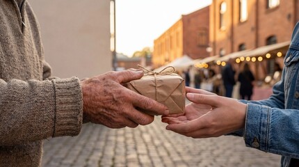 Senior man giving a gift to a young person at an outdoor market, concept of generosity and connection