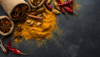 Top view of various Indian spices with turmeric powder, star anise, cinnamon sticks, and red chili peppers on dark slate background - Culinary and food ingredients concept © PerfectFocus