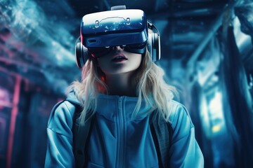 Woman wearing a vr headset exploring digital technology in a conceptual blue environment