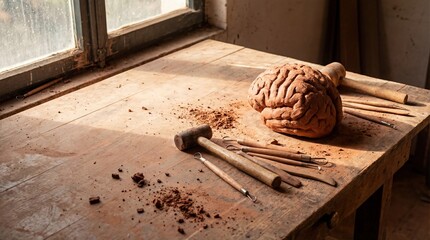 Clay brain sculpture and sculpting tools on a rustic wooden table, concept of creativity and art
