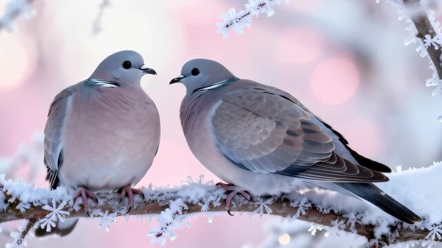 Two doves sitting closely on a snow-covered branch, symbolizing love and togetherness in a serene winter scene. Soft pink bokeh adds a romantic atmosphere.