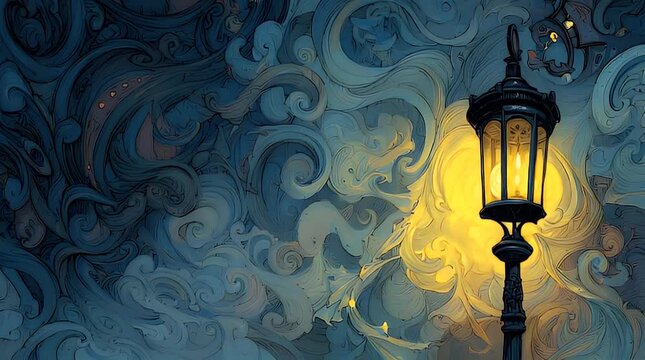 Stylized lamppost with yellow light against swirling blue and white backdrop, evoking a sense of night