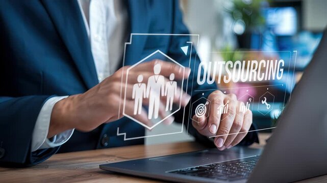 Businessman types on a laptop while virtual outsourcing icons and infographic elements hover above the keyboard to illustrate remote staffing, workflow delegation, project management and services in a