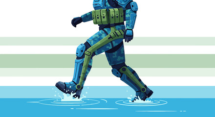 Futuristic soldier splashes through water, showcasing cutting-edge military technology and design
