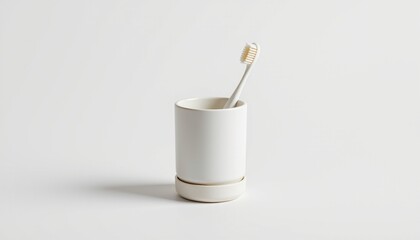 A small white coffee cup with a spoon sticking out of it, placed against a neutral background