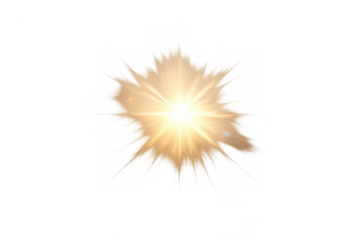 Golden lens flare effect and explosion with warm yellow light shining, sparkling starburst on transparent background