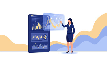 Futuristic trading interface with woman analyzing financial data and market trends