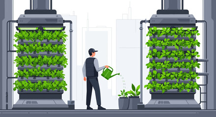 Futuristic urban vertical farm with hydroponics system cultivating healthy leafy greens