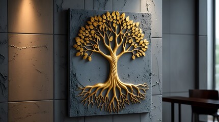 Modern Interior Decoration Featuring Embossed Gold Tree Art