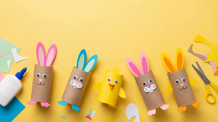 handmade easter bunnies and chick made of toilet paper rolls on yellow background. diy craft concept with glue and scissors. spring holiday decoration. banner, website header with copyspace.