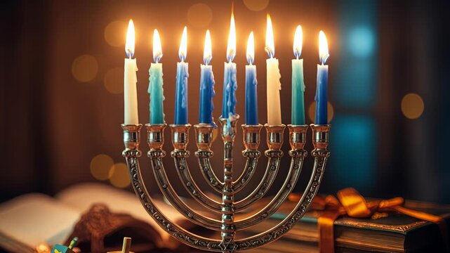 Hanukkah menorah with nine candles burns warmly on a wooden table surrounded by wrapped gifts, dreidel and an open book, warm bokeh background provides copy space and soft dark areas for seasonal mess