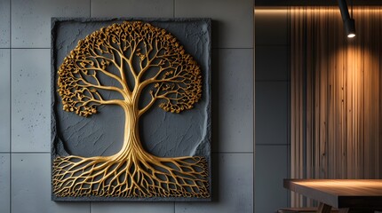 Textured Golden Tree Wall Art on Grey Concrete Background