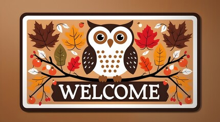 Decorative Entrance Doormat Featuring Cute Owl, Acorns, and "WELCOME" Text