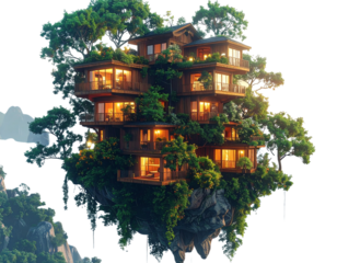 Floating Wooden Village Tower with Tree Growth, surreal concept art, isolated