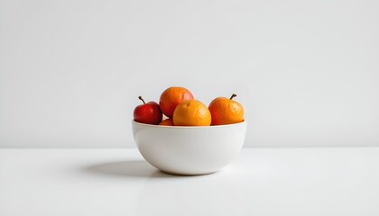 A bowl of vibrant apples sits atop a white table, creating a simple yet striking contrast against the grey background.