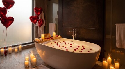 romantic bathroom interior with red heart balloons and candles. bathtub filled with foam and rose petals. valentine's day celebration concept. honeymoon suite decoration. banner, website header.