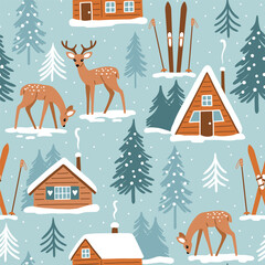 Seamless vector pattern with mountain chalet, deer and ski equipment. Hand drawn winter woodland landscape. EPS 10 vector file. Perfect for textile, wallpaper or print design.