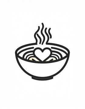 Bowl of Noodles with Steaming Heart on White Background Line Art