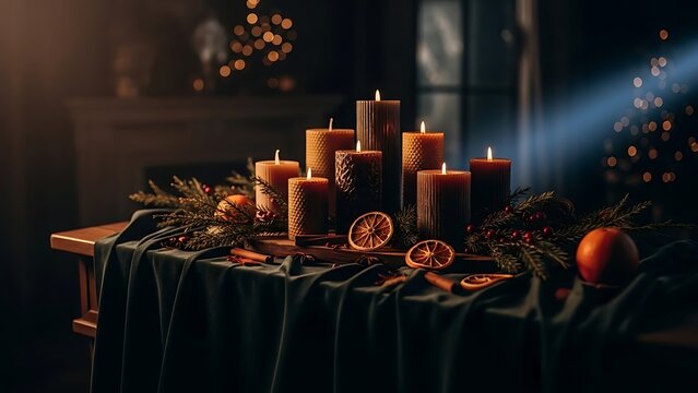 Warm candlelight flickers from red wax pillars on a festive holiday table beside a glowing Christmas tree adorned with burning candles, ornaments, and gifts in a dark, romantic winter night setting