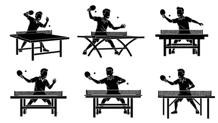 A collection of black and white vector silhouettes showing six different male players actively engaged in playing table tennis or ping pong, with bats and balls visible