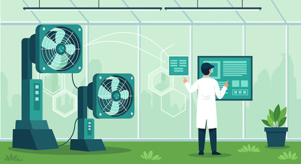 Innovative agricultural technology: A scientist analyzes data in a climate-controlled greenhouse