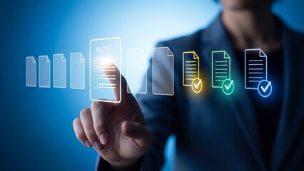 Businessman interacting with digital invoice and document icons on blue background