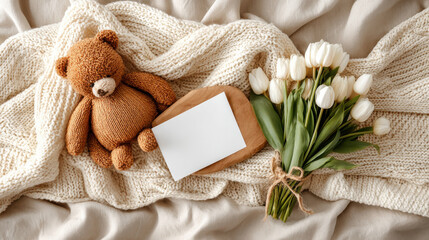 Teddy bear and white tulips with blank card on a cozy blanket. A charming scene of a teddy bear, flowers, and a blank card creates a warm and inviting atmosphere