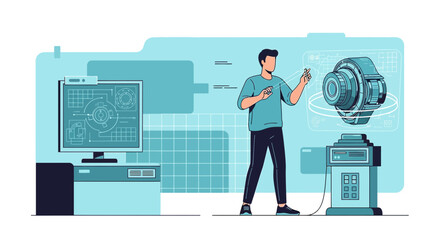 Innovative engineer interacting with a virtual prototype in an advanced technological environment