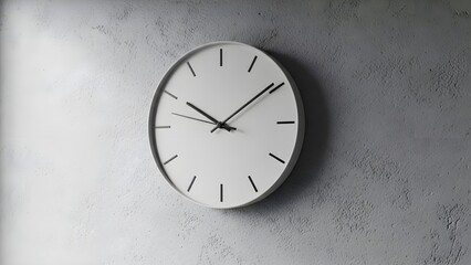 Minimalist white wall clock featuring slim black hands and simple hour markers hangs against a textured gray and white concrete background showing subtle light gradation across the surface.