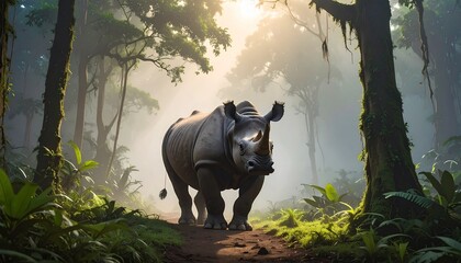 Majestic rhinoceros walking through misty sunlit tropical rainforest trail