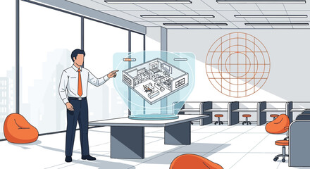 Innovative office design utilizing holographic technology for visualizing interior layouts and