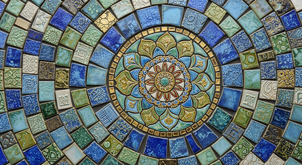 Close-up of a decorative mosaic table. Circular pattern with blues, greens, golds, and intricate tile designs creating a detailed artistic display