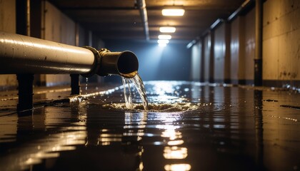 Ominous low-key shot of water pouring from a large pipe onto the reflective wet floor of a dark underground tunnel.