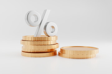 Percentage symbols on a stack of coins against a white background. The concept relates to investment and future growth. 3D rendering.