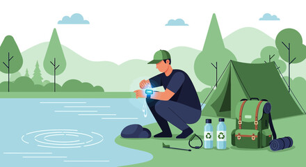 Man interacting with his smart watch during camping in the woods next to the lake