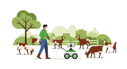Modern Agriculture: A farmer uses a Robot to Herd Goats with a verdant background landscape