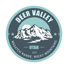Deer Valley ski resort, Utah, Wasatch Range Mountains USA, emblem with snow-covered mountains, vector