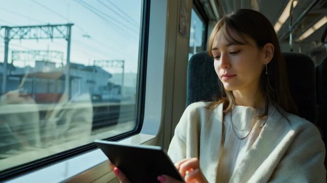通勤電車で膝上タブレットに書き込み、向かいの同僚はやわらかな影