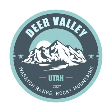 Deer Valley ski resort, Utah, Wasatch Range Mountains USA, emblem with snow-covered mountains, vector