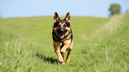 A Happy German Shepherd Dog A Green Meadow A Sunny Day
