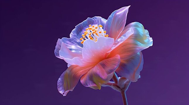 A translucent flower with yellow stamens against a dark purple background, softly lit and artistically rendered