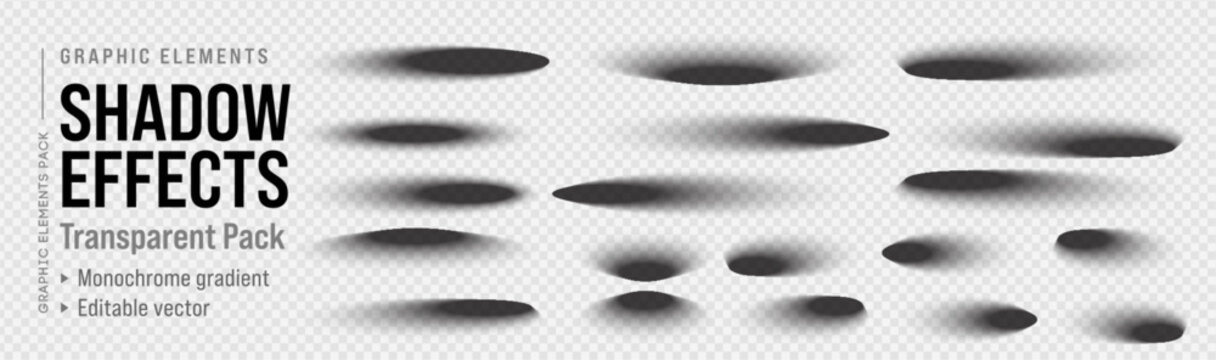 Drop shadow effect set with oval circle object on floor and vector box. Realistic icon page pack border bottom ellipse black design card for paper background. Soft gradient gray 3d blur.