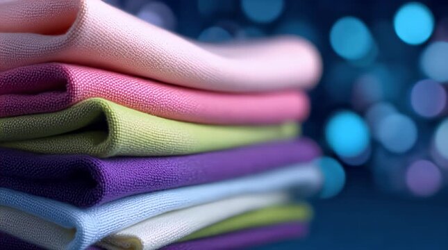 Neatly folded stack of pastel cloths against bokeh background, textured