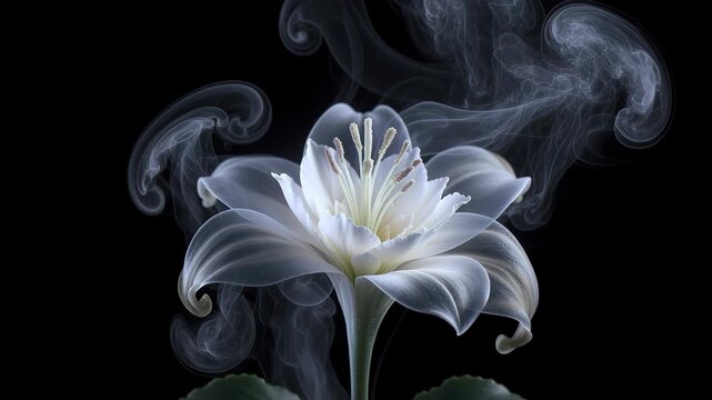White lily flower with delicate petals surrounded by soft, swirling smoke on a black background. The composition evokes a sense of purity, elegance, and mystery.