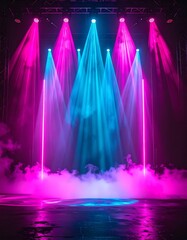 Illuminated Stage with Pink and Blue Neon Lights and Fog on Reflective Floor