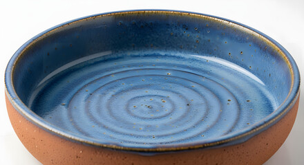 Close-up of a rustic ceramic bowl with a rich, blue glazed interior and a textured, terracotta-colored exterior. The spiral pattern is clearly visible