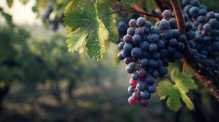 Fototapeta premium Close-up of Dewy Grape Clusters on Vine with Blurred Vineyard Background
